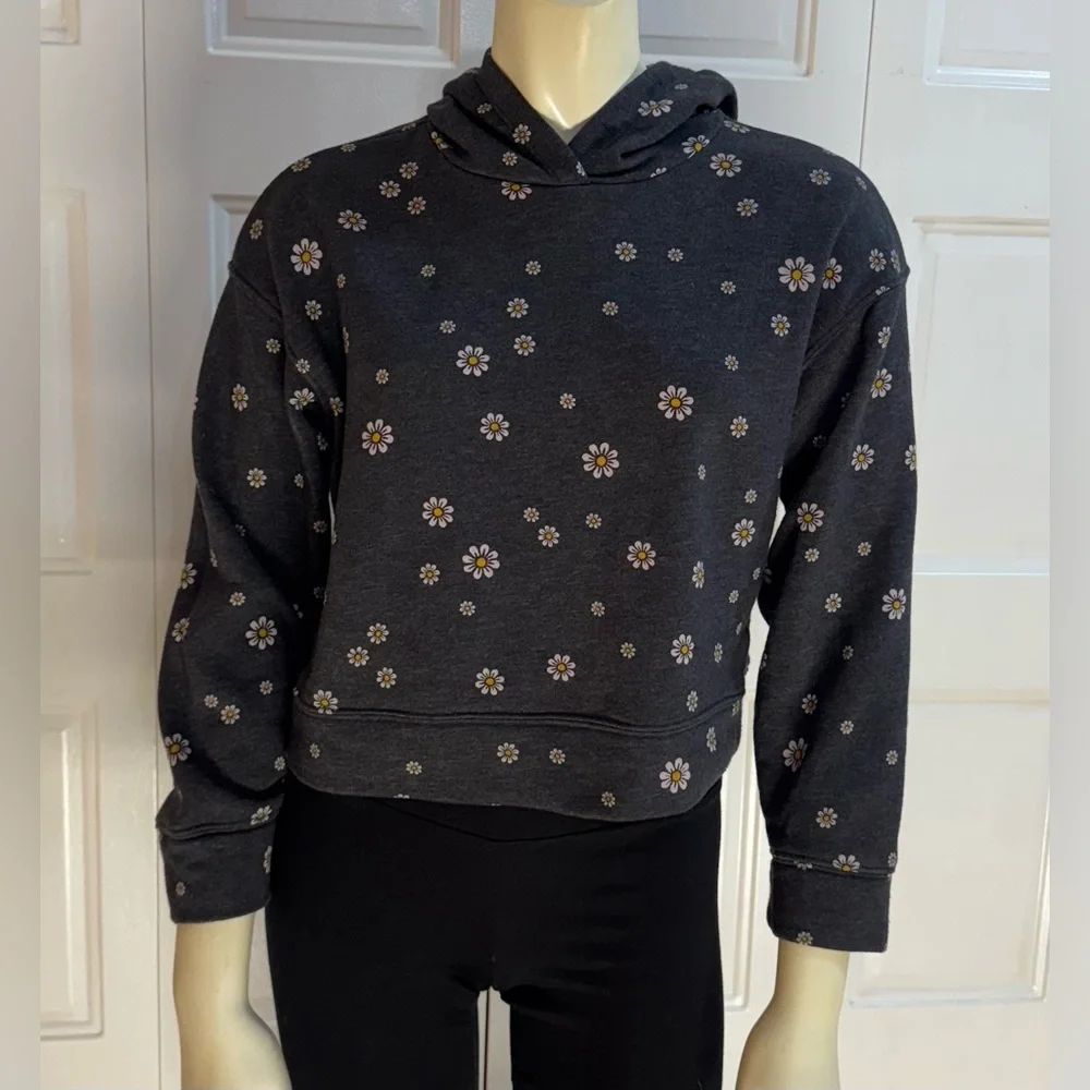 Old Navy Cropped Hoodie - Girls Large 10-12 - Daisy Print Fleece Sweatshirt EUC